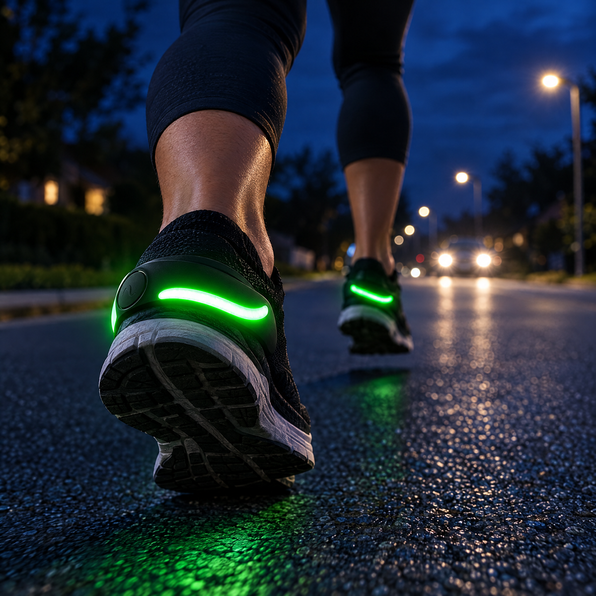 Runner at night with glowing green Late Miles shoe lights