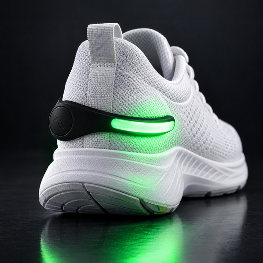 Late Miles LED shoe clip light glowing green on a white running shoe